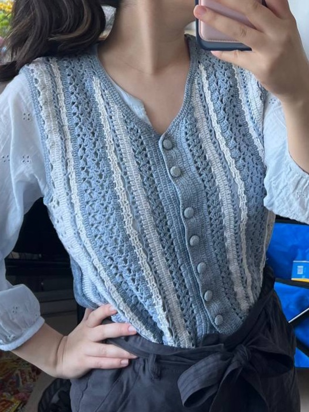 Vintage 1980s Light Blue Crochet-Front Sweatervest